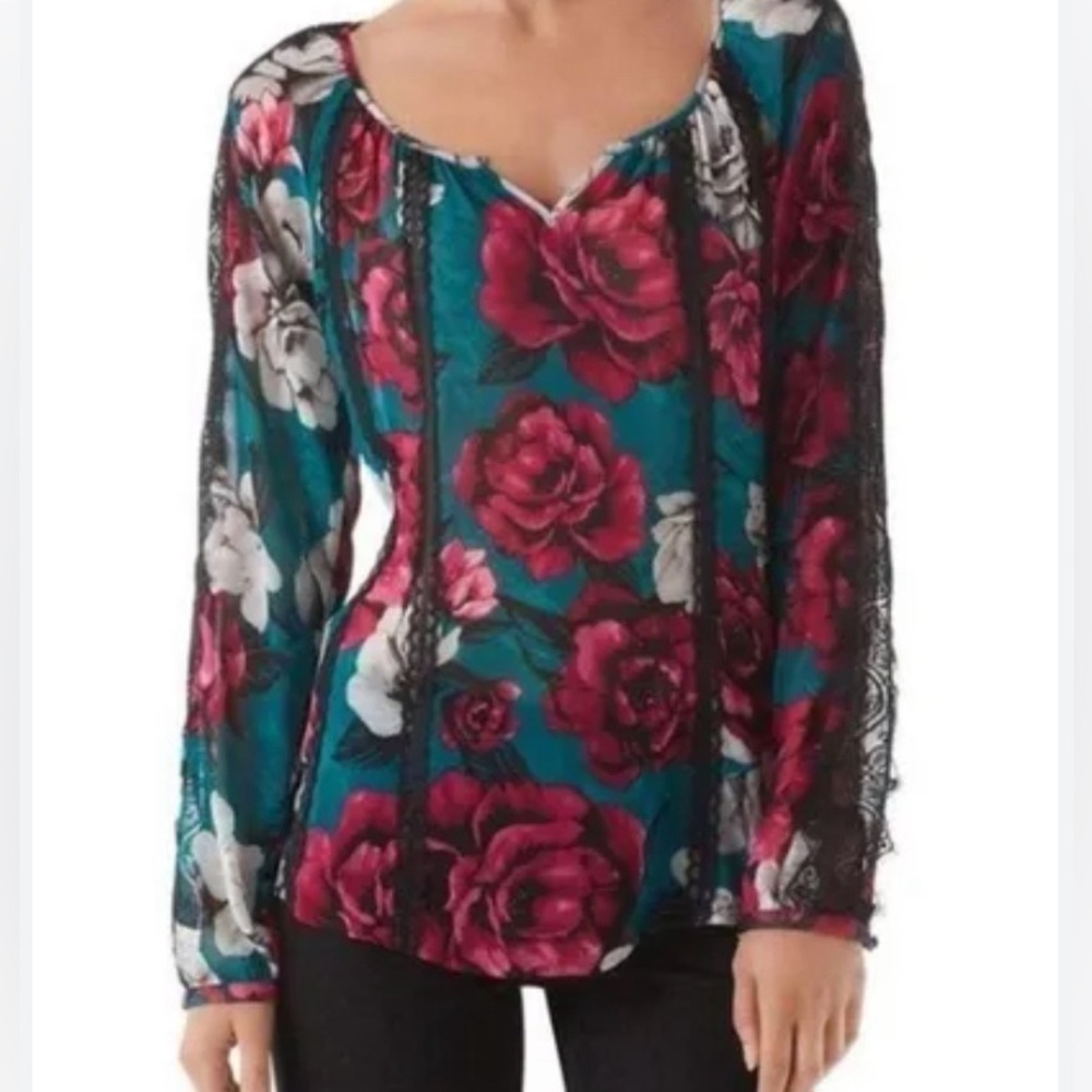 White House Black Market Jewel Toned Floral Long Sleeved Peasant Blouse
